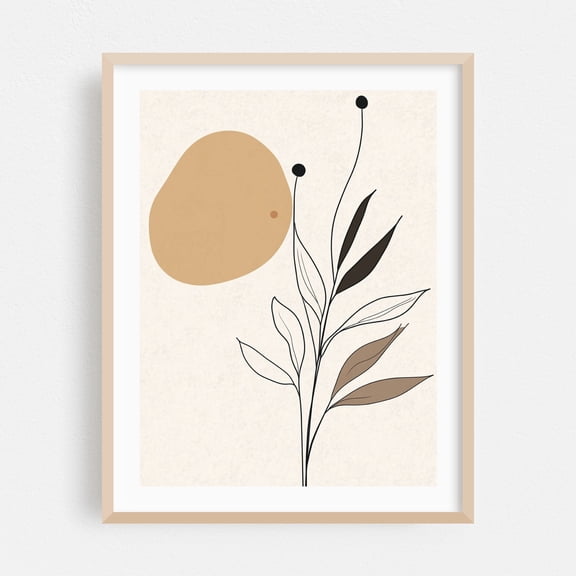 Simple Line Art of Flowers - Line Drawing Minimalist Botanical Modern Art Abstract Nature Boho Line Art Oak Framed Wall Art Print 16 x 20 inches