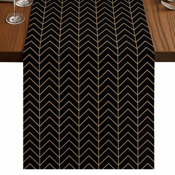 Simple Line Black Burlap Cotton Table Runner 13x120 Inches Long, Black Modern Art Geometric Farmhouse Table Runners, Outdoor Dining Tablecloths Decor for Baby Shower/Party/Wedding