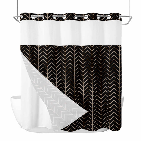 Simple Line Black No Hook Shower Curtain with Snap in Liner, Waterproof Fabric Shower Curtains, Black Modern Art Geometric Shower Curtain Set Top See Through for Bathroom 72"x78"