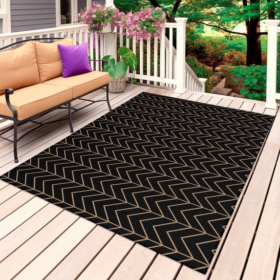 Simple Line Black Outdoor Rug 5x8 Ft, Non Slip Washable Area Rug, Black Modern Art Geometric Patio Rugs Carpet Runner, Large Floor Mat for Indoor/Outdoor Deck Porch Camping