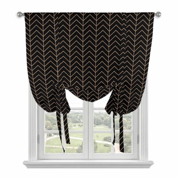 Simple Line Black Tie Up Curtains for Window, Thermal Insulated Balloon Shade Adjustable Rod Pocket Curtains Valance Panels for Kitchen Bathroom Cafe 34 x 45 Black Modern Art Geometric
