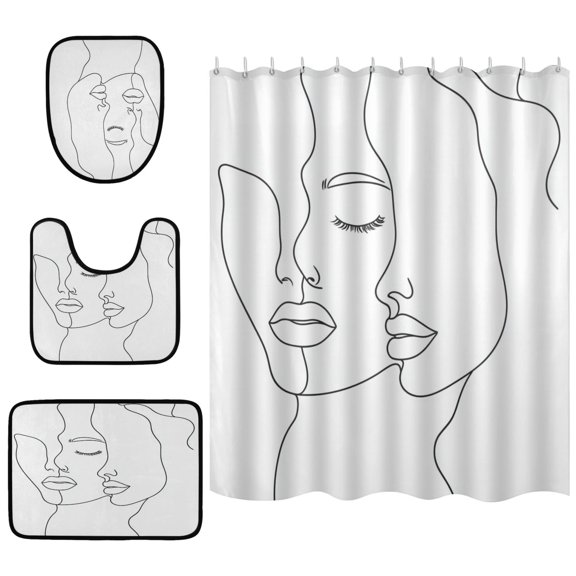 Simple Line Drawing Face Bathroom Accessory Curtain Sets Bath Curtain Anti-Slip Mats and Toilet Pad 66x72in