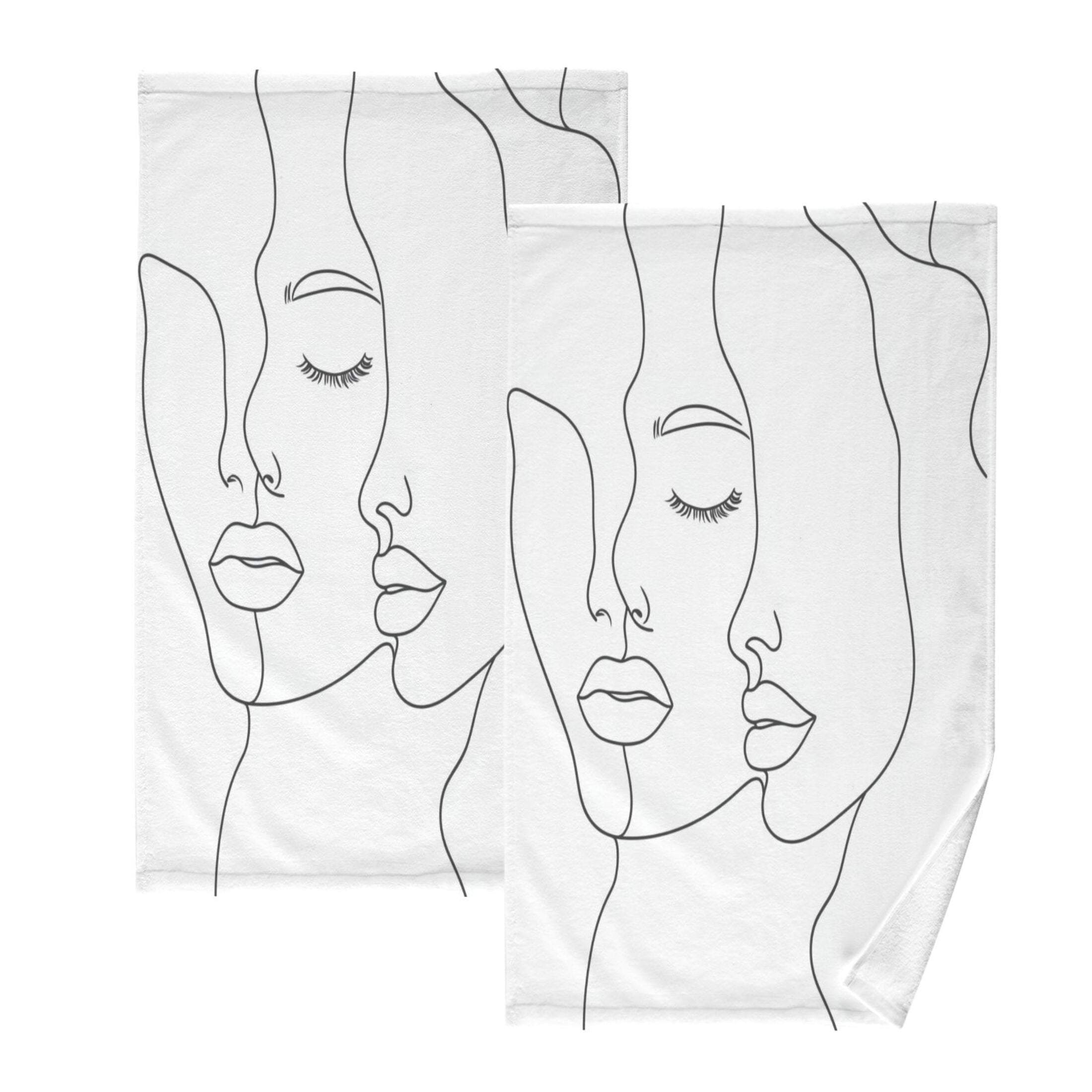Simple Line Drawing Face Set of 2 Pure Cotton Towels, 16'' x 28'', Highly Absorbent and Soft