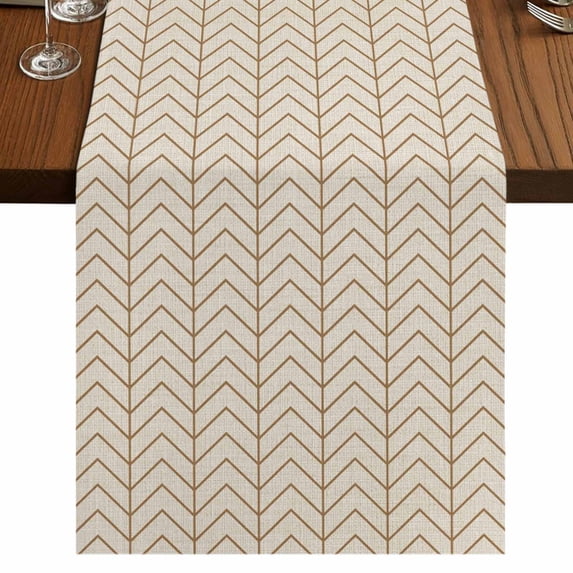 Simple Line Linen Texture Burlap Cotton Table Runner 13x90 Inches Long, Beige Modern Art Geometric Farmhouse Table Runners, Outdoor Dining Tablecloths Decor for Baby Shower/Party/Wedding