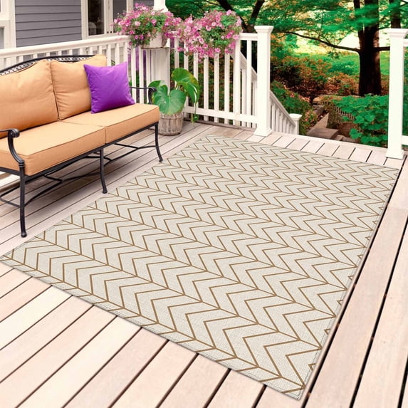 Simple Line Linen Texture Outdoor Rug 6x9 Ft, Non Slip Washable Area Rug, Beige Modern Art Geometric Patio Rugs Carpet Runner, Large Floor Mat for Indoor/Outdoor Deck Porch Camping