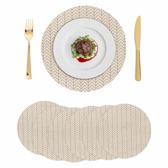 Simple Line Linen Texture Round 15 Inch Placemats Set of 6, Beige Modern Art Geometric HeatResistant Non Slip Place Mats for Dining Table, Wipeable Braided Kitchen Table Mats for Housewarming