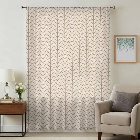 Simple Line Linen Texture Sheer Curtains 45 Inches Long, Beige Modern Art Geometric Light Filering Curtains, Breathable Simi Curtain Privacy Drapes for Kitchen Bathroom Small Window Treatment