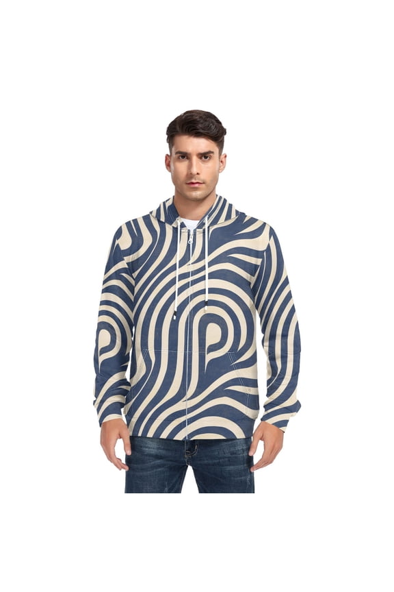 Simple Line Pattern Men’s Hoodies Sweatshirt with Full Zip Pockets Fleece Jackets