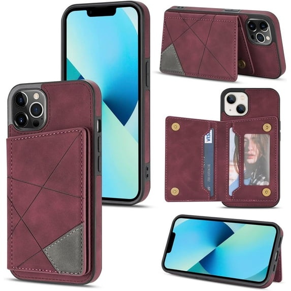 Simple Line Pattern Multifunctional Wallet Leather Case for iPhone 13 12 11 Pro Max Mini X XS XR 7 8 Plus, Card Holder Stand Back Cover(Red,13 Pro)