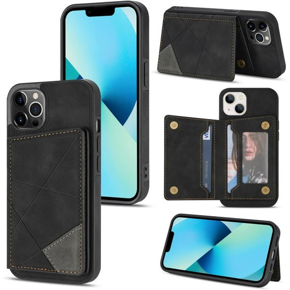 Simple Line Pattern Multifunctional Wallet Leather Case for iPhone 13 12 11 Pro Max Mini X XS XR 7 8 Plus, Card Holder Stand Back Cover(Black,13 Pro Max)