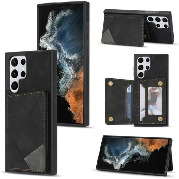 Simple Line Pattern Multifunctional Wallet Leather Phone Case for Samsung Galaxy S22 S21 S20 Ultra Plus FE, Card Holder Stand Back Cover(Black,S21 Plus)