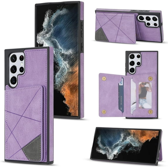 Simple Line Pattern Multifunctional Wallet Leather Phone Case for Samsung Galaxy S22 S21 S20 Ultra Plus FE, Card Holder Stand Back Cover(Purple,S20)