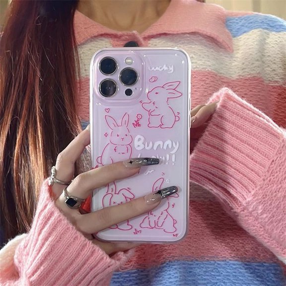 Simple Line Rabbit Funny Phone Case For iPhone 14 11 12 13 Pro Max Girl Jelly Pink Bunny Cute Clear Lens Protection Soft Cover