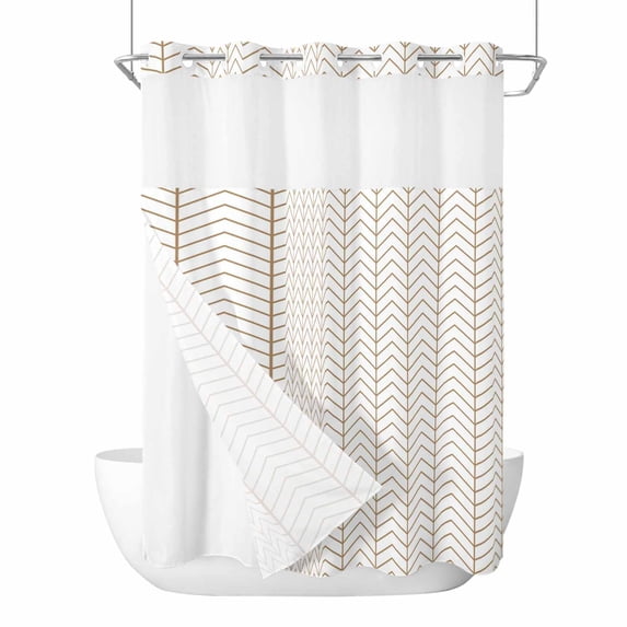 Simple Line White No Hook Shower Curtain with Snap in Liner, Waterproof Fabric Shower Curtains, Beige Modern Art Geometric Shower Curtain Set Top See Through for Bathroom 48"x72"
