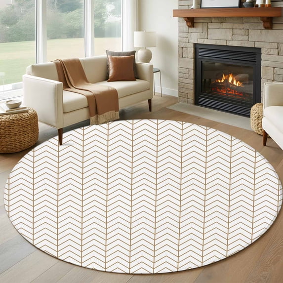 Simple Line White Round Area Rug 6Ft Washable Circle Rugs for Bathroom Office, Beige Modern Art Geometric Non-Slip Carpet Floor Mats Indoor Outdoor Carpet Runner Aesthetic Home Decor