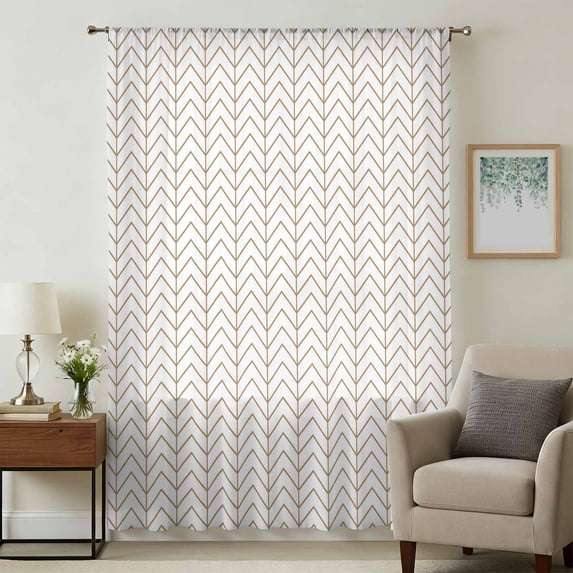 Simple Line White Sheer Curtains 54 Inches Long, Beige Modern Art Geometric Light Filering Curtains, Breathable Simi Curtain Privacy Drapes for Kitchen Bathroom Nursery Small Window Treatment