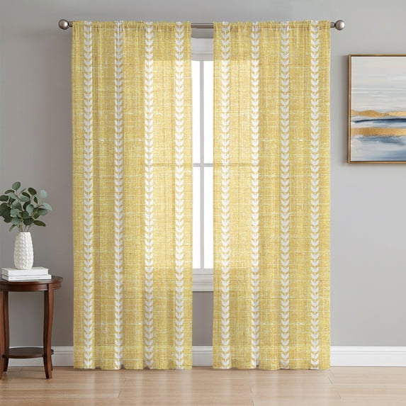 Simple Lines Sheer Curtains 63 Inch Length 2 Panels Set, Modern Country Minimalist Print Boho Yellow Voile Window Treatment Rod Pocket Curtains Sheers for Bedroom/Living Room/Kitchen 52x"63"x2
