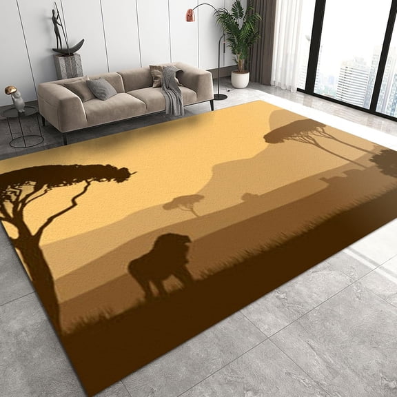 Simple Lion Animal Area Rugs, Yellow Gray Wilderness Grassland Landscape Apartment Carpet, Bedroom Rug Pattern Clear Comfortable Feet Apply to Bedroom Area Home Decor 3ft x 4ft