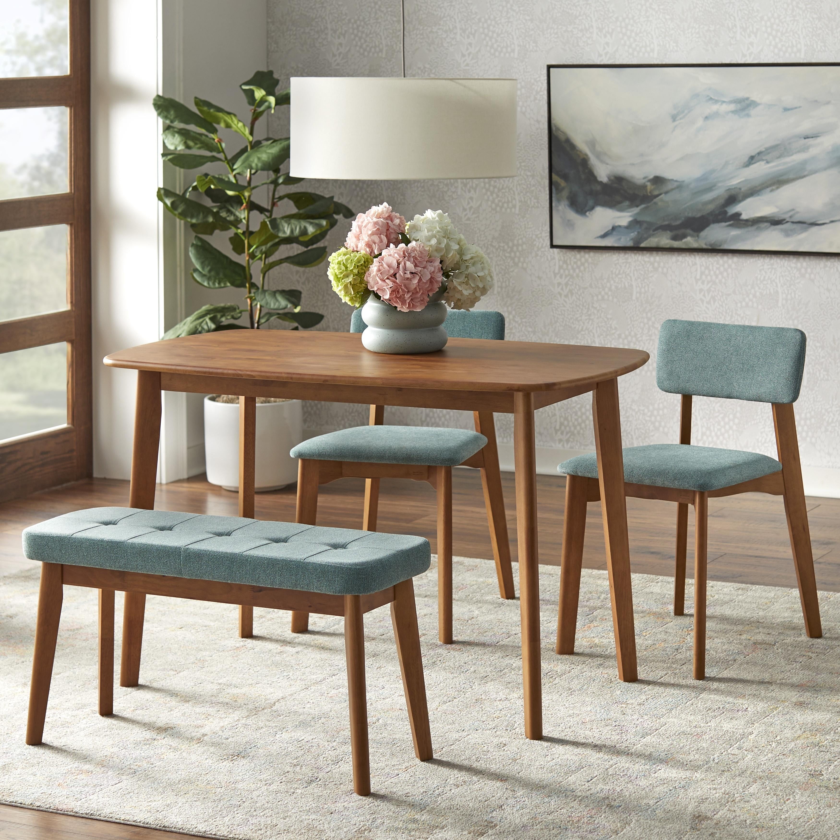 Nettie Walnut and Teal Mid-Century Modern Dining Set with Bench