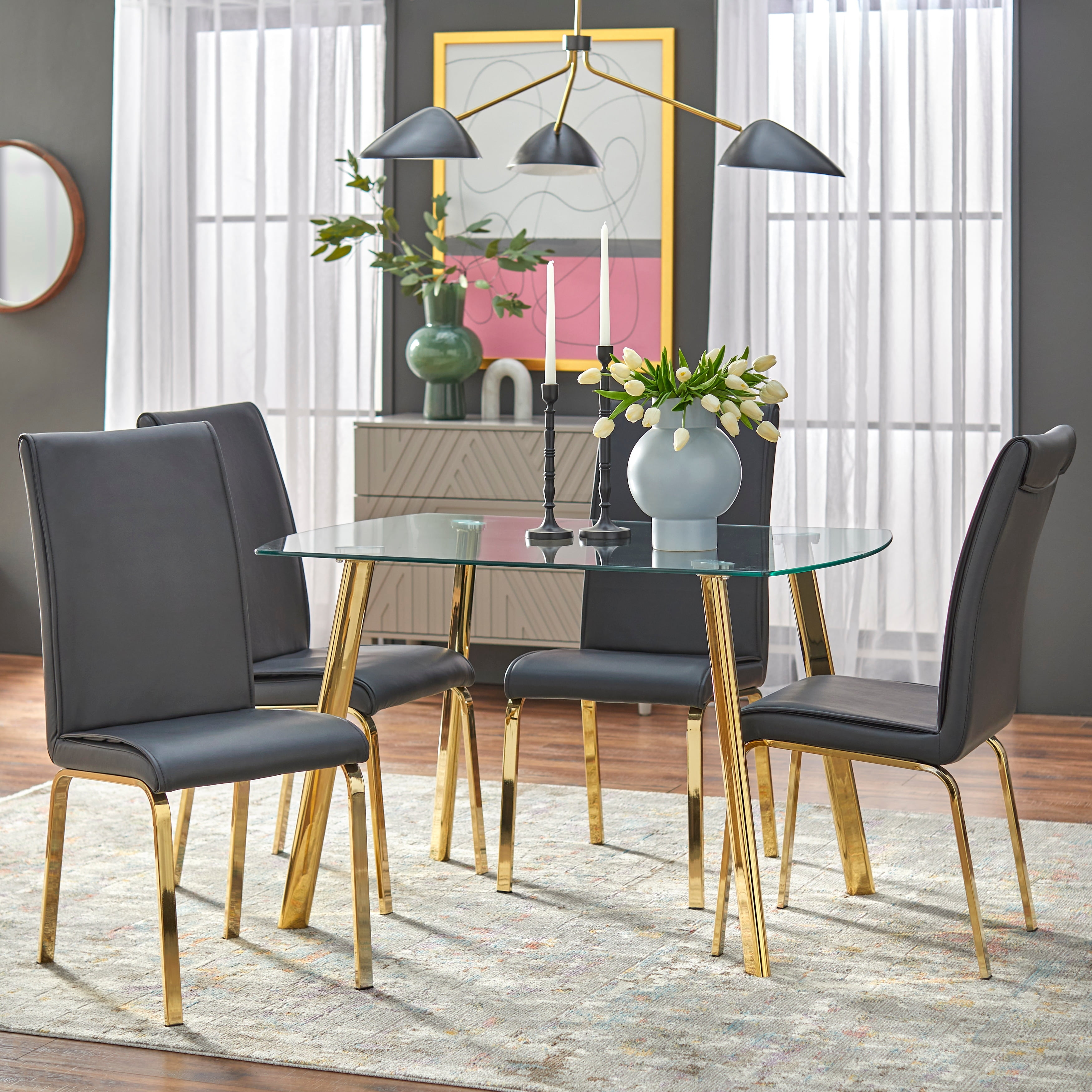 Black Faux Leather and Gold 5-Piece Dining Set with Glass Table