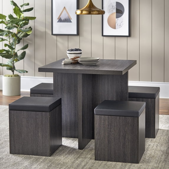 Simple Living Baxter 5-Piece Table Set with Storage Ottoman in Black/Grey
