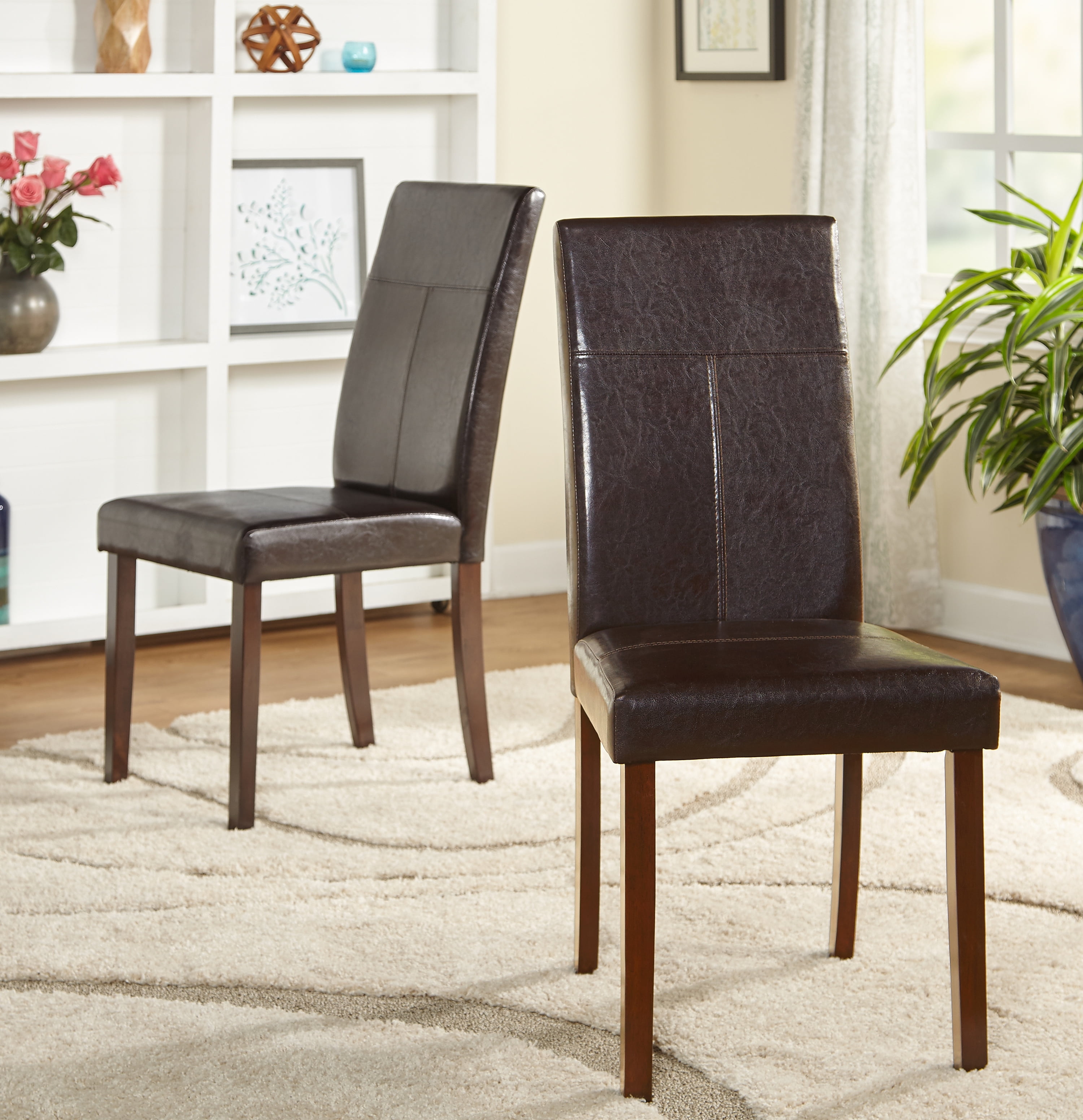 Brown Faux Leather Upholstered High Back Parsons Side Chair Set