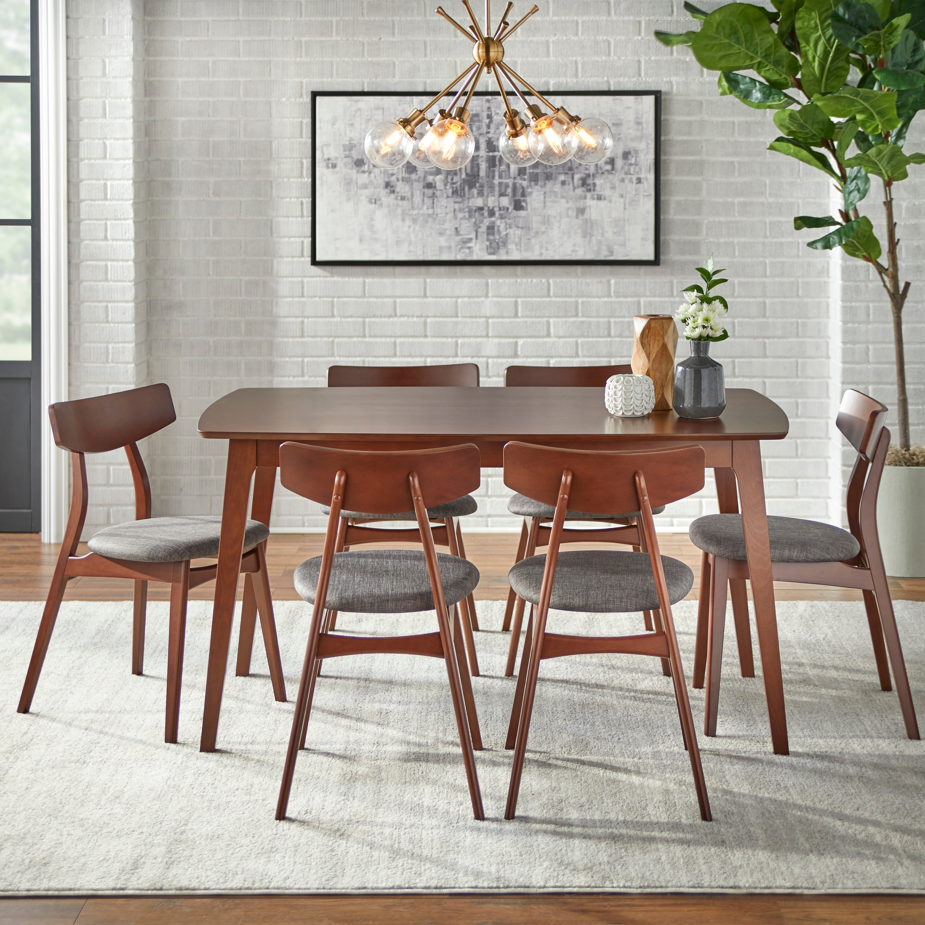 Mid-Century Walnut 7-Piece Dining Set with Dark Gray Cushions