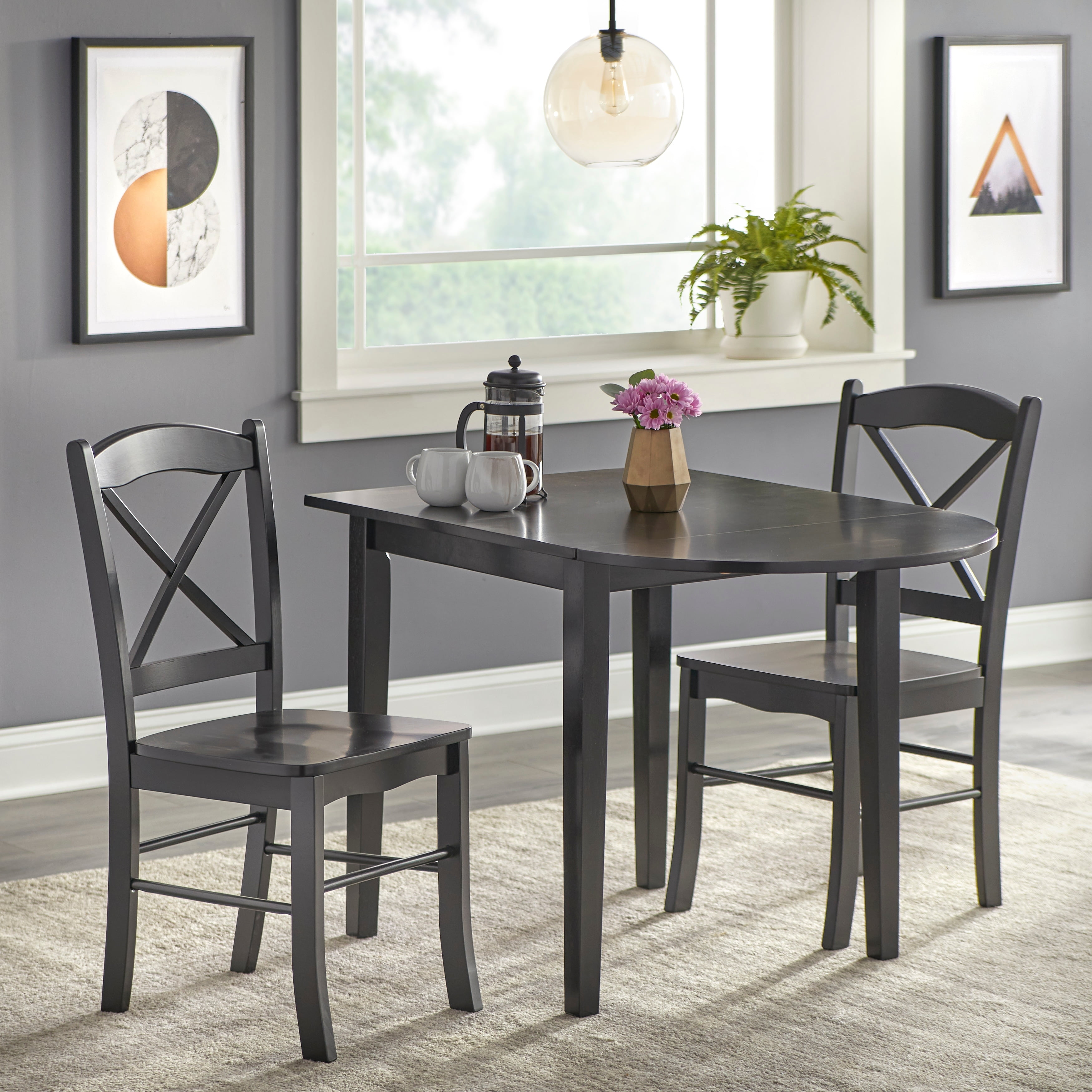 Black Rubberwood Drop-Leaf Dining Table Set with 2 Chairs