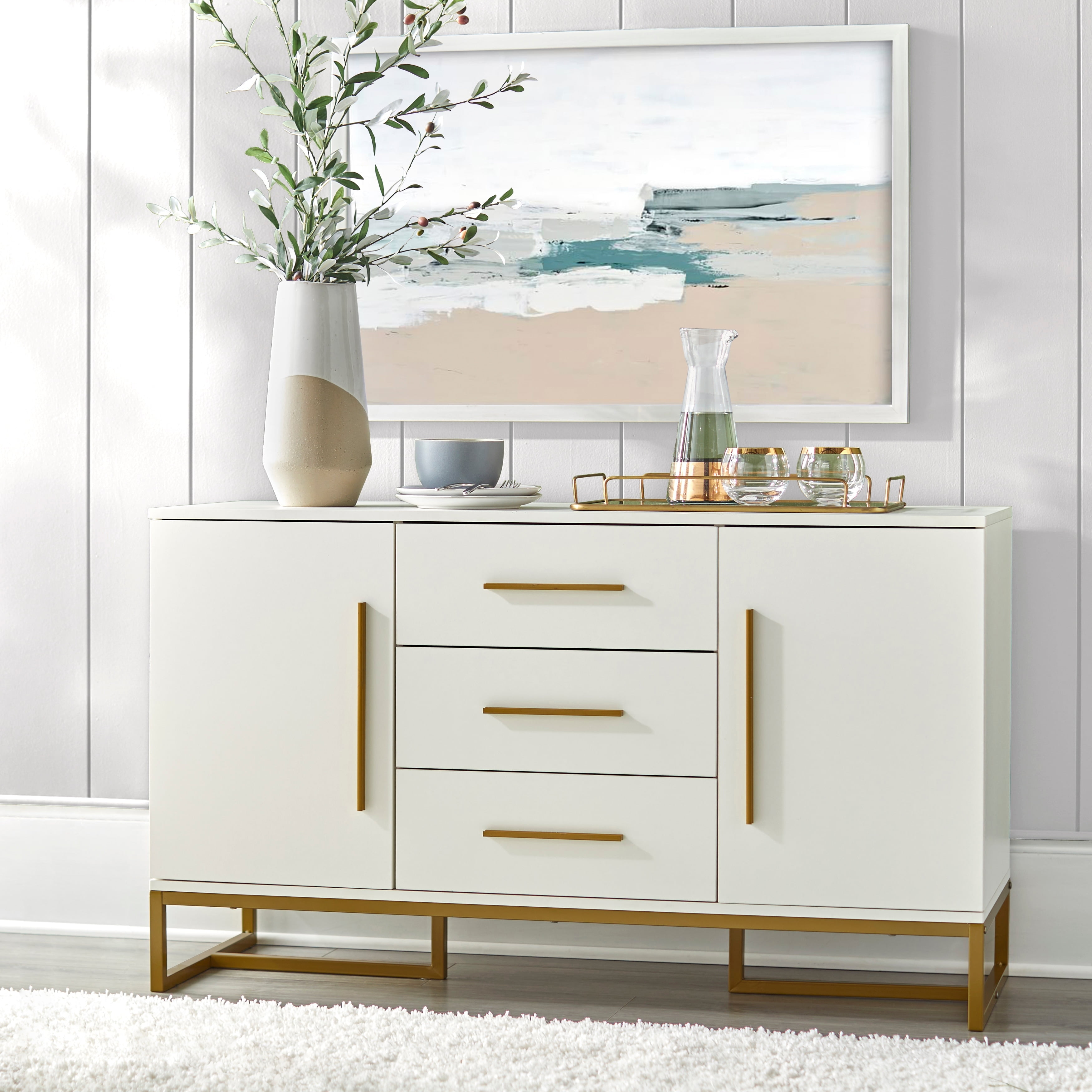 White and Gold Modern Sideboard with Sled Legs