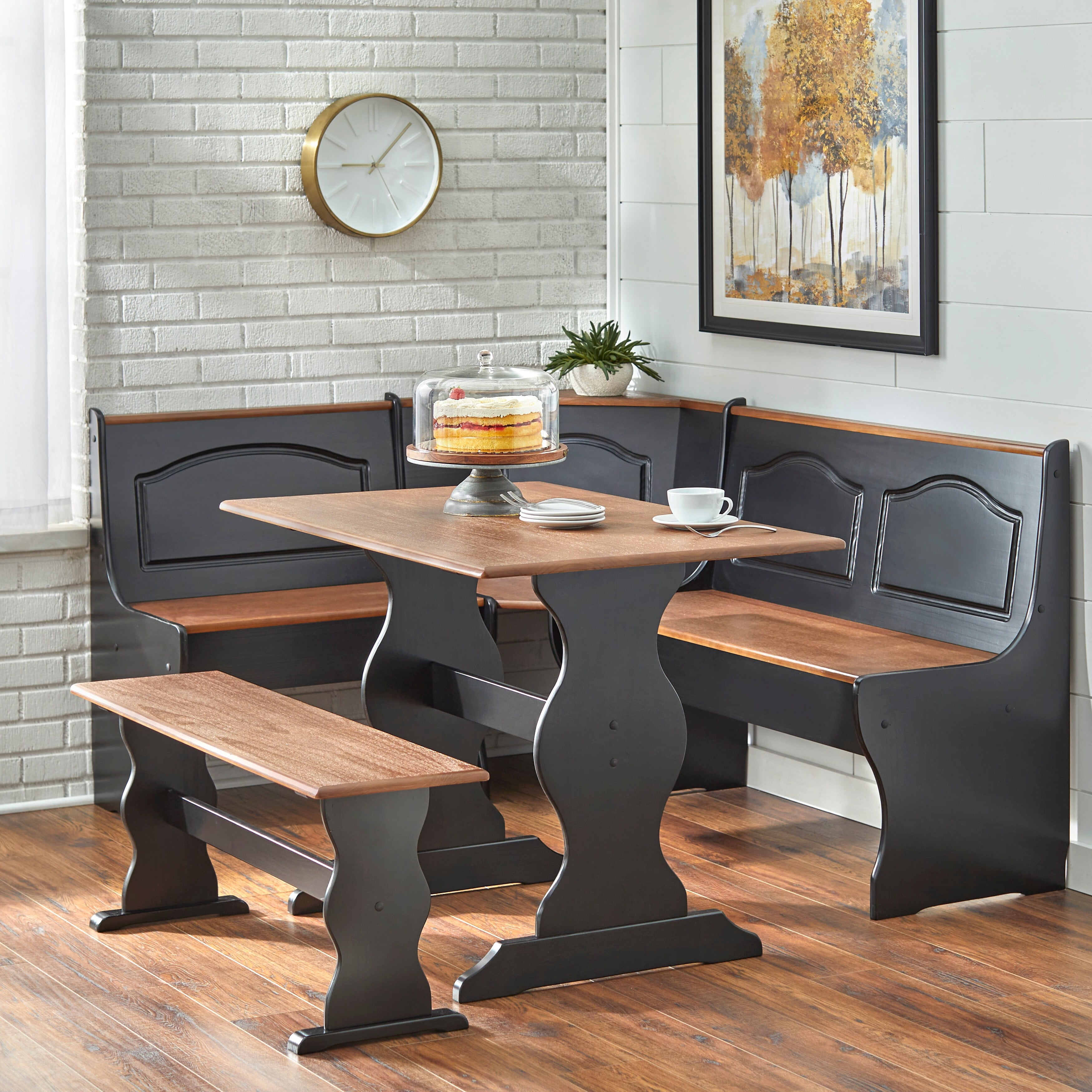 Black and Walnut Pine Wood 3-Piece Dining Nook Set