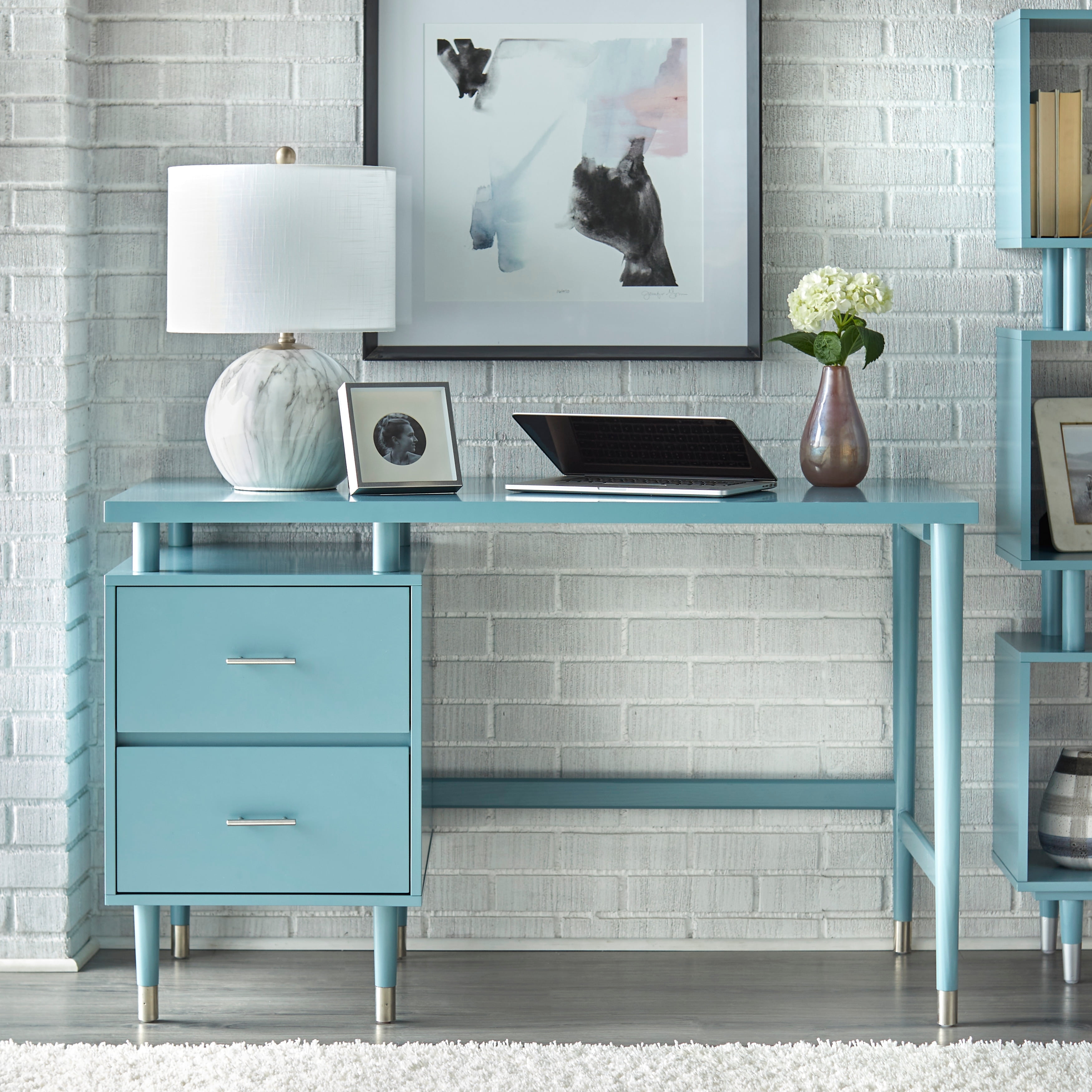 Antique Blue Mid-Century Modern Desk with Drawers