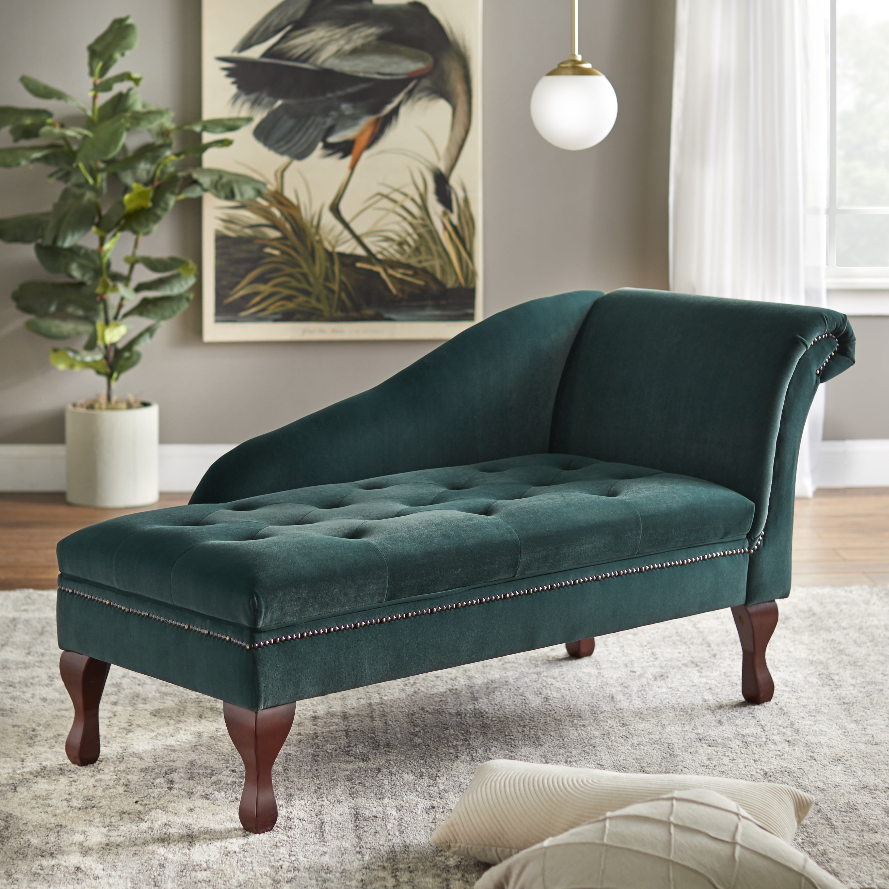 Emerald Green Microfiber Chaise Lounge with Wood Legs