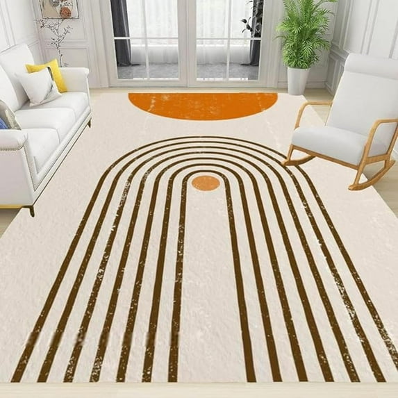 Simple Medieval Orange Geometric Semicircle Sun Area Rugs, Modern Abstract Arched Stripe Art Indoor Non-Slip Rugs, Washable Breathable Durable Carpet For Front Entrance Floor Decor 5x7ft