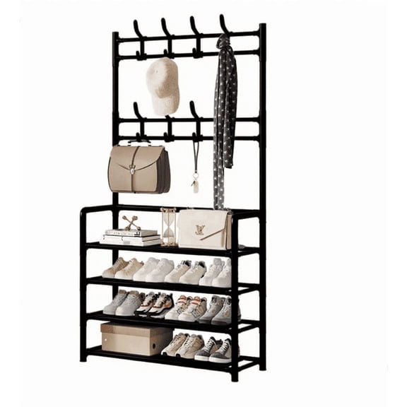 Freestanding Hall Tree with Shoe Storage, Coat Rack with 4-Tier Shelves and 8 Hooks, 3-in-1 Entryway Organizer for Bedroom, Hallway, Office, Black