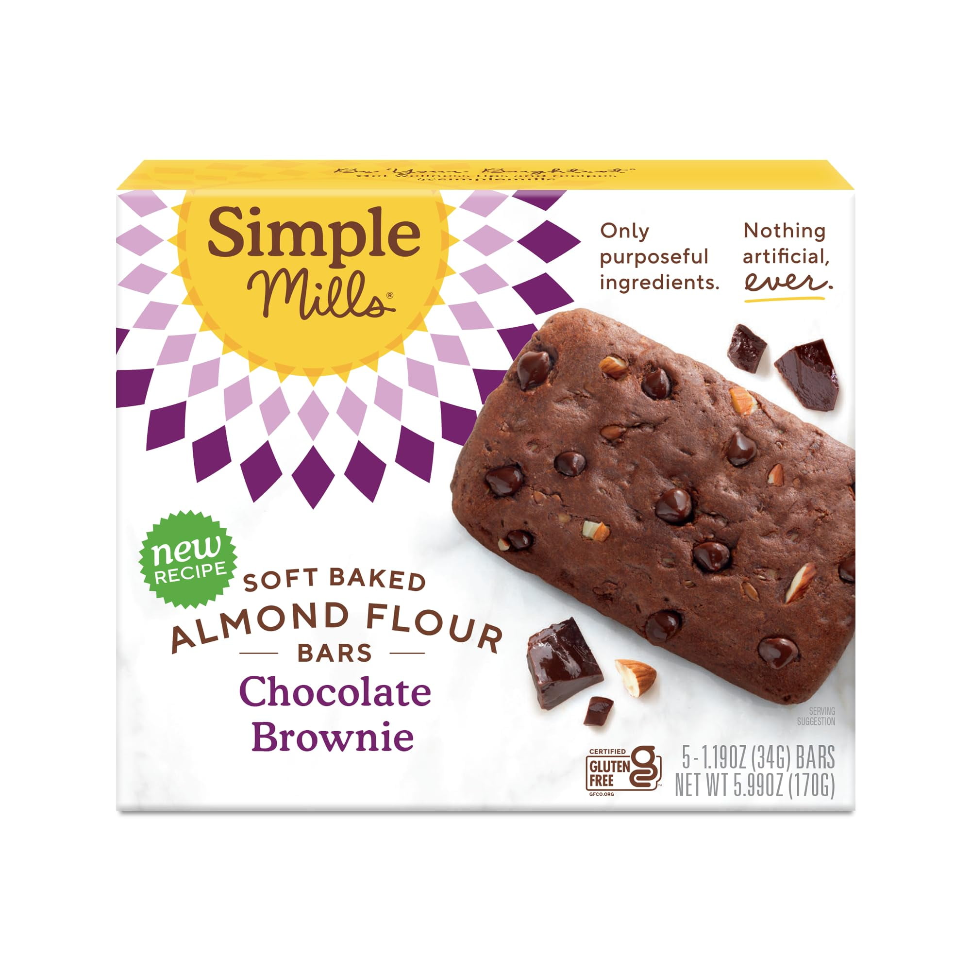 Simple Mills, Bar Almnd SSF20 Flour Soft Baked Chocolate Brownie 5 Count, 5.99 Ounce