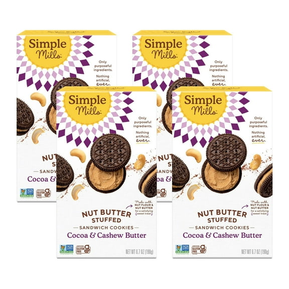 Simple Mills Cocoa & Cashew HYZ01Butter Sandwich Cookies - Gluten Free, Vegan, Healthy Snacks, 6.7 oz (Pack of 4)