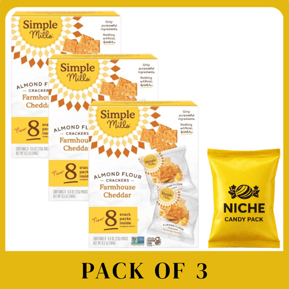 Simple Mills Farmhouse Cheddar Almond Flour Crackers, 6.5oz Box, 8Count (3Pack) | -with candy pack