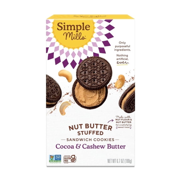 Simple Mills Nut Butter Stuffed Sandwich Cookies, Cocoa Cashew Creme, Gluten-Free, 6.7 oz - 2 Pack