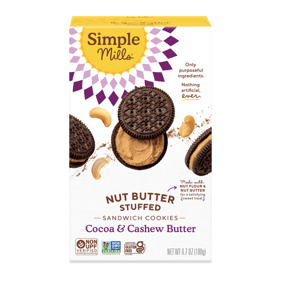 Simple Mills Nut Butter Stuffed Sandwich Cookies, Cocoa Cashew Creme, Gluten-Free, 6.7 oz