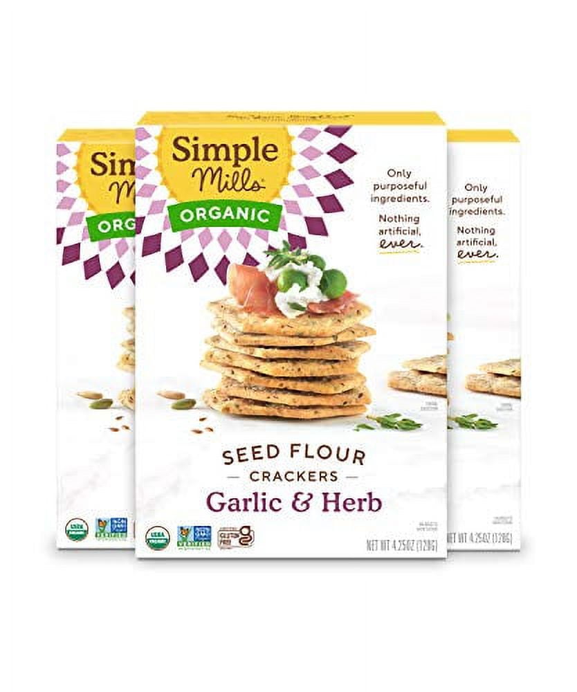 Simple Mills Organic Seed Crackers, Garlic & Herb - Gluten Free, Vegan, Healthy Snacks, Paleo Friendly, 4.25 Ounce (Pack of 3)