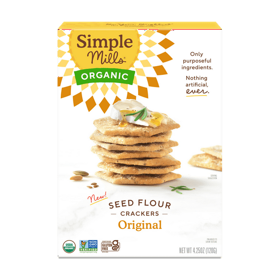 Simple Mills Organic Seed Flour Crackers, Original Sea Salt, Gluten-Free, 4.25 oz