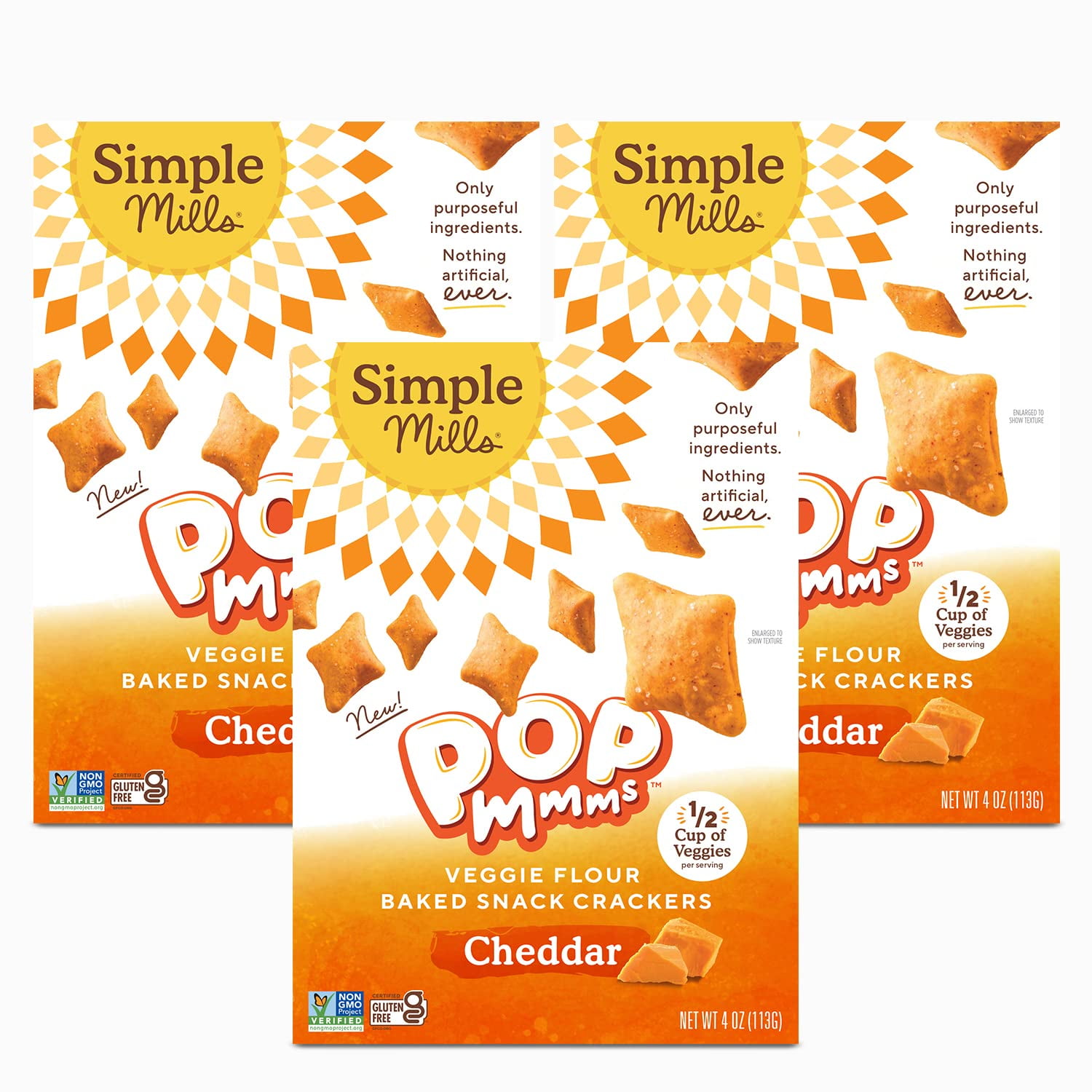 Simple Mills Pop Mmms CM31Cheddar Veggie Flour Baked Snack Crackers, Gluten Free, 4 Ounce (Pack of 3)