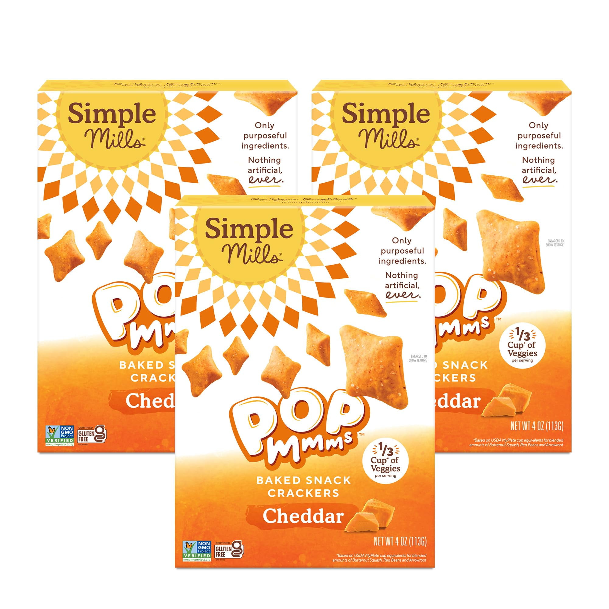 Simple Mills Pop Mmms Cheddar Veggie Flour Baked Snack Crackers, Gluten Free, 4 Ounce (Pack of 3)