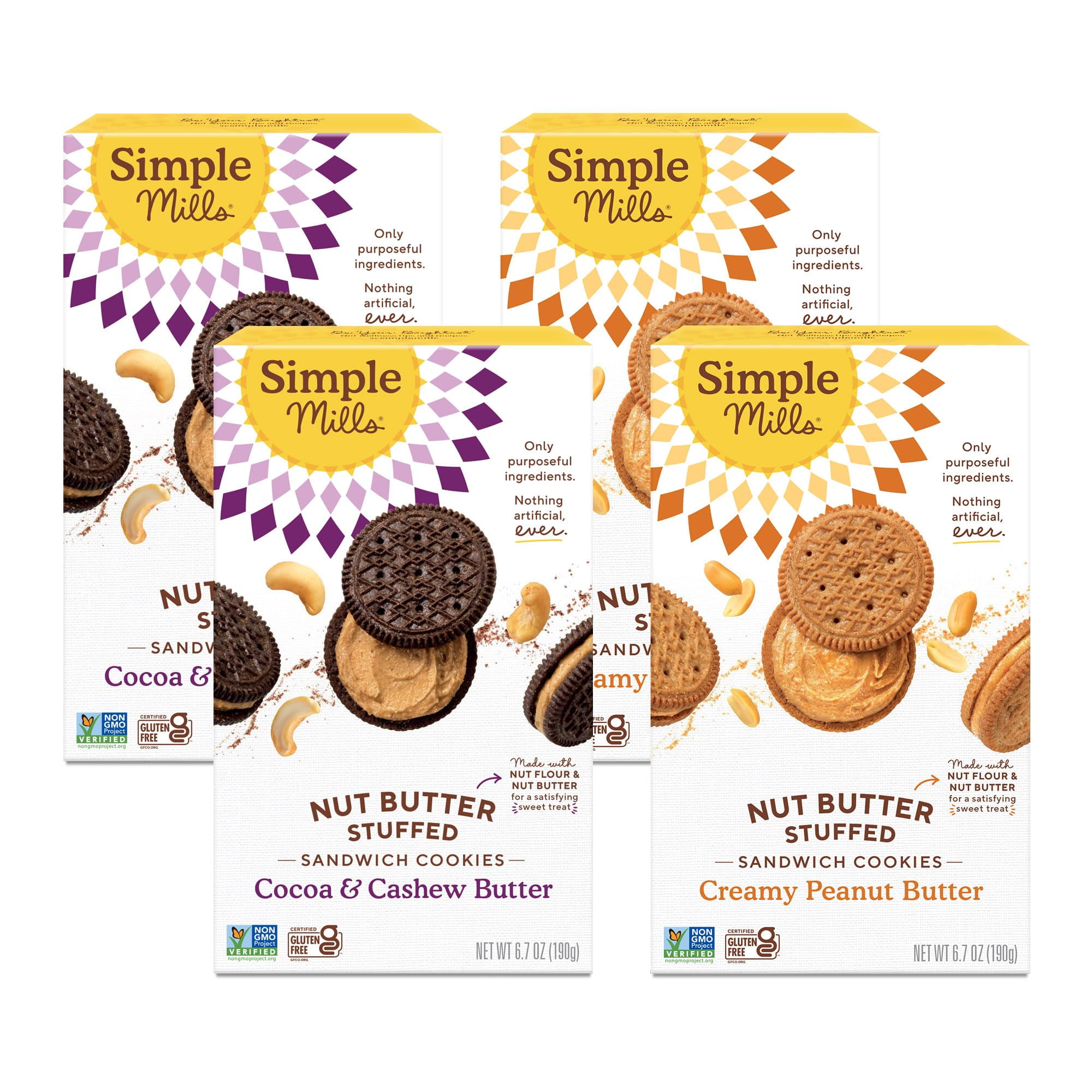 Simple Mills Sandwich Cookies Variety Pack (Creamy Peanut Butter & Cocoa Cashew Crme) Gluten Free, Vegan, Healthy Snacks, 6.7 oz (Pack of 4)