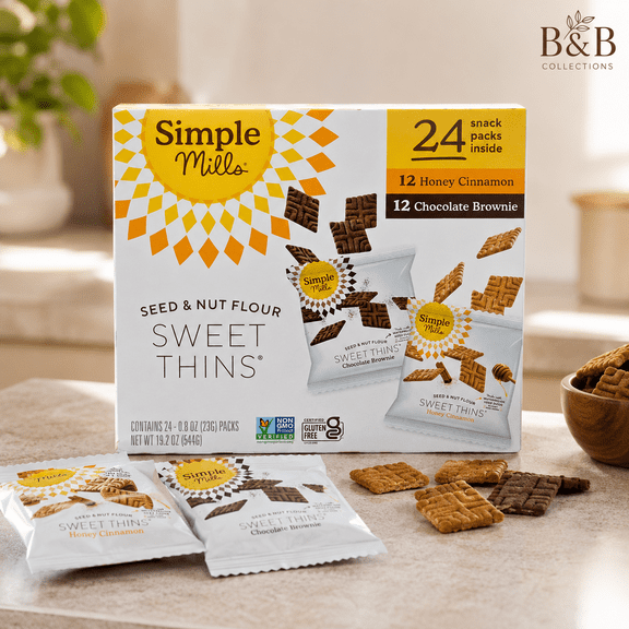 Simple Mills Seed & Nut Flour Sweet Thins Variety Pack, Honey Cinnamon & Chocolate Brownie, Gluten Free Snack Crackers, 24 Packs, 19.2 oz