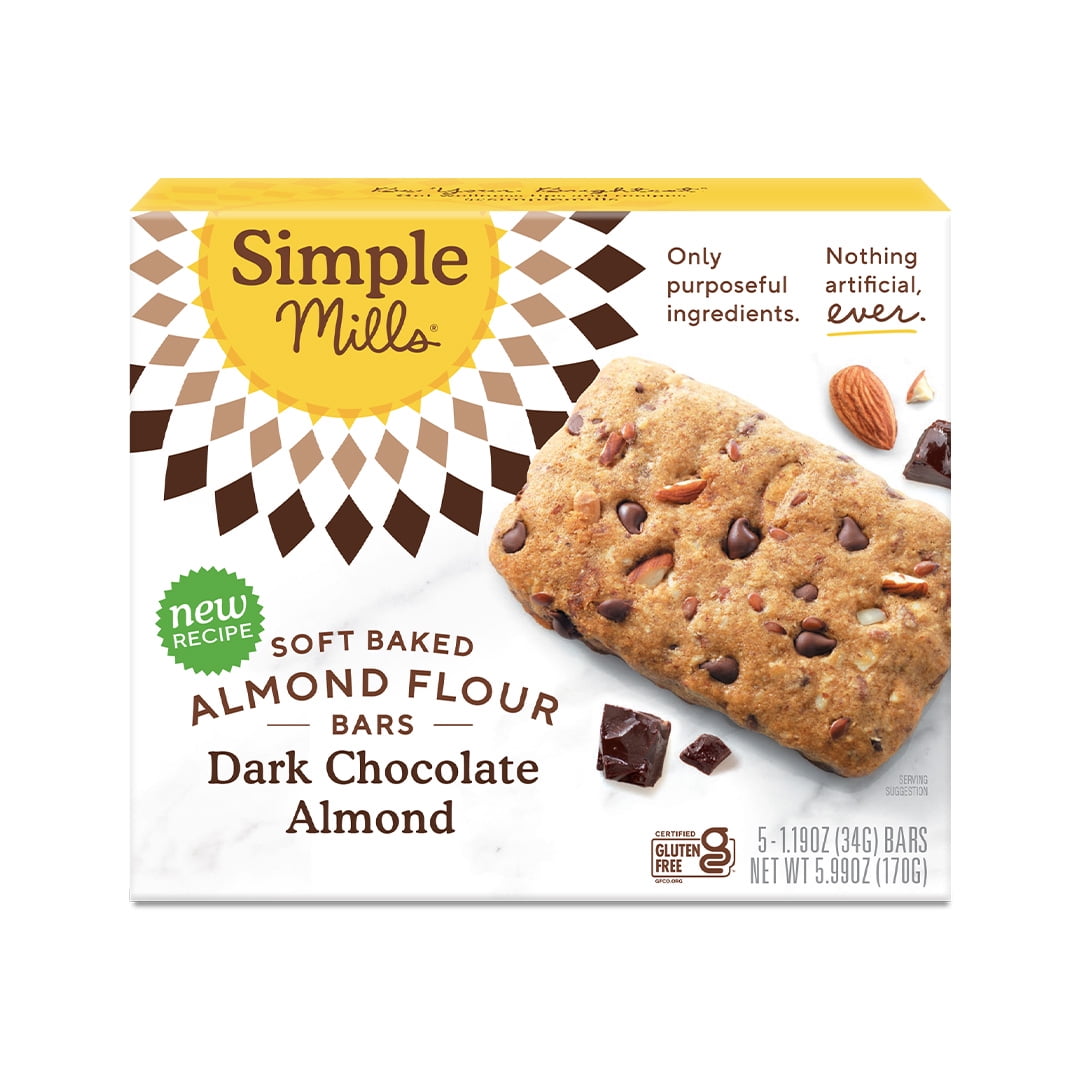 Simple Mills Soft Baked Almond Flour Bars Dark Chocolate Almond 5 Bars Pack of 2