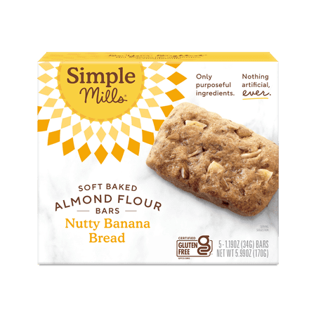 Simple Mills Soft Baked Almond Flour Bars, Nutty Banana Bread, Gluten-Free, 5 Count pack of 2