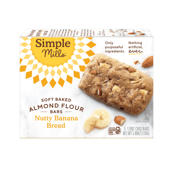 Simple Mills Soft Baked Almond Flour Bars, Nutty Banana Bread, Gluten-Free, 5 Count