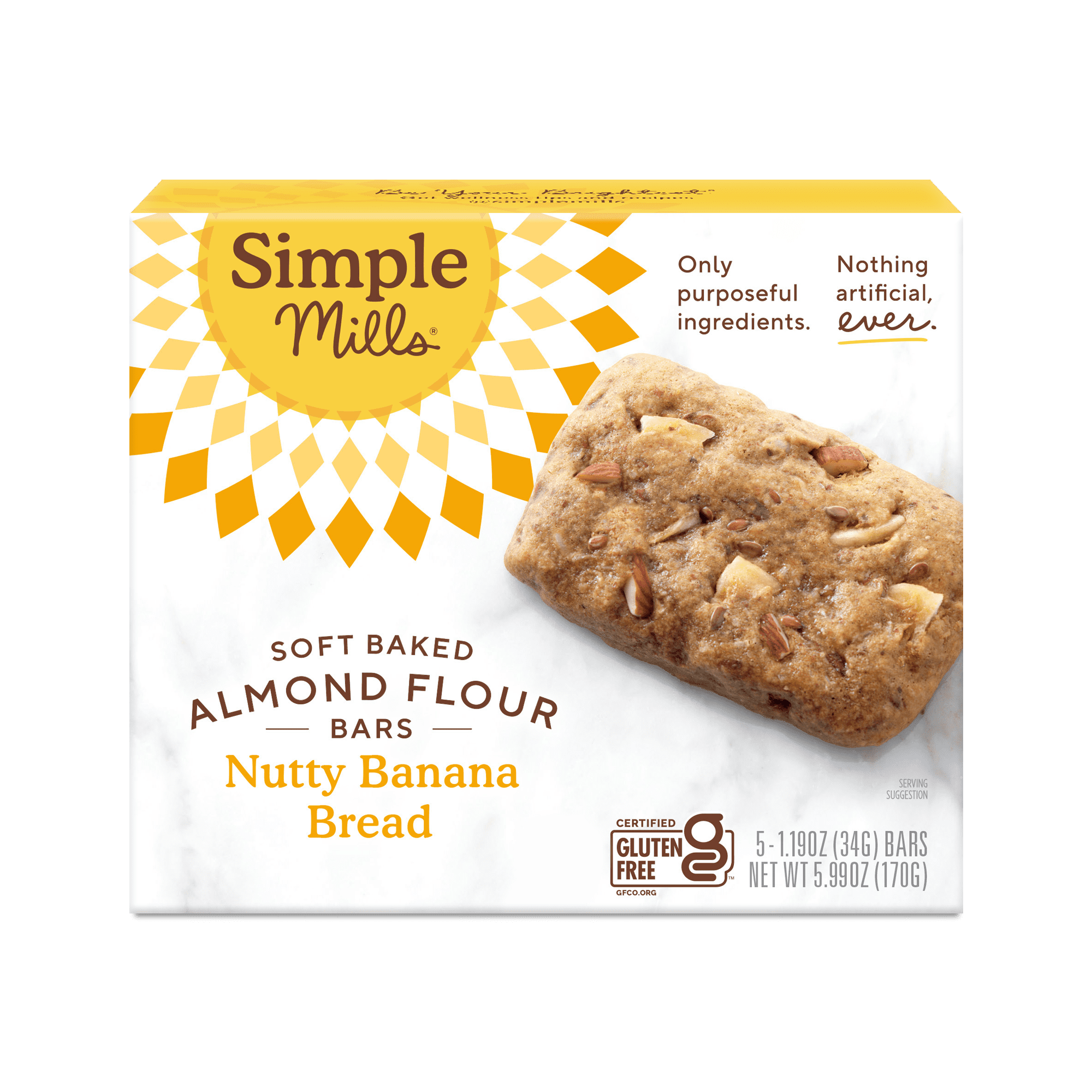 Simple Mills Soft Baked Almond Flour Bars, Nutty Banana Bread, Gluten-Free, 5 Count