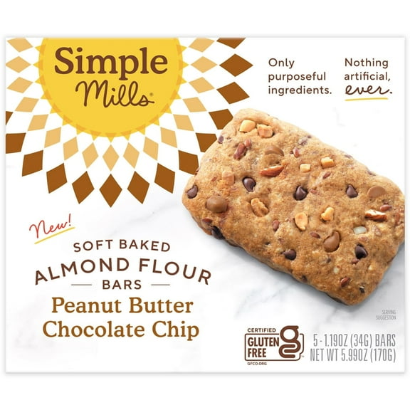 Simple Mills Soft Baked Almond Flour Bars, Peanut Butter Chocolate Chip, 5 Count